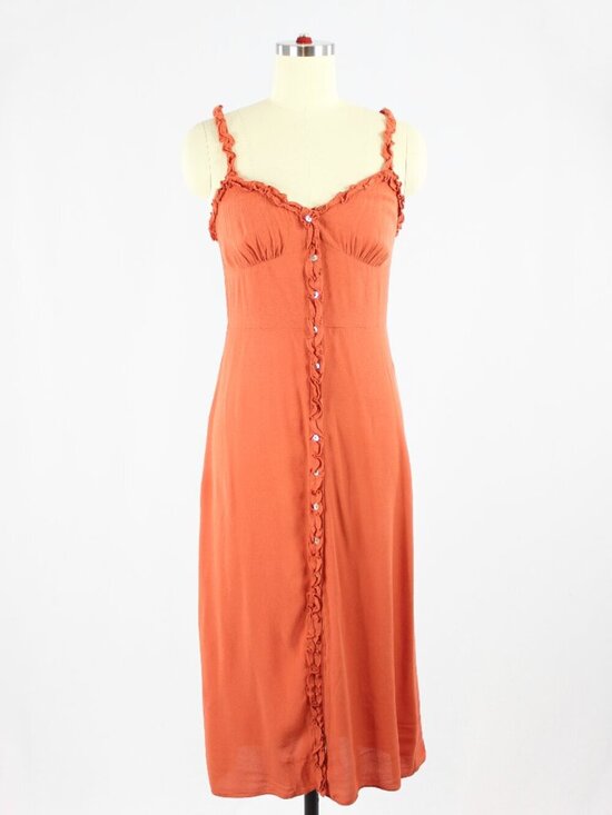Aritzia Dresses & Skirts - Aritzia WILFRED Heartthrob Sinopia Orange Crepe Ruffle Trim Midi Dress, Size 2